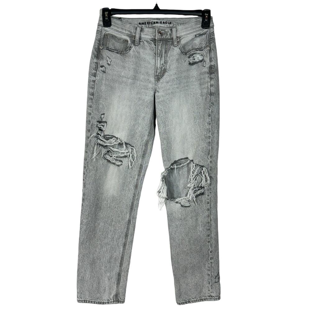 American Eagle SZ 4 ‘90s Straight Jeans Distresed Rip Mid-Rise Zip-Fly Gray Wash